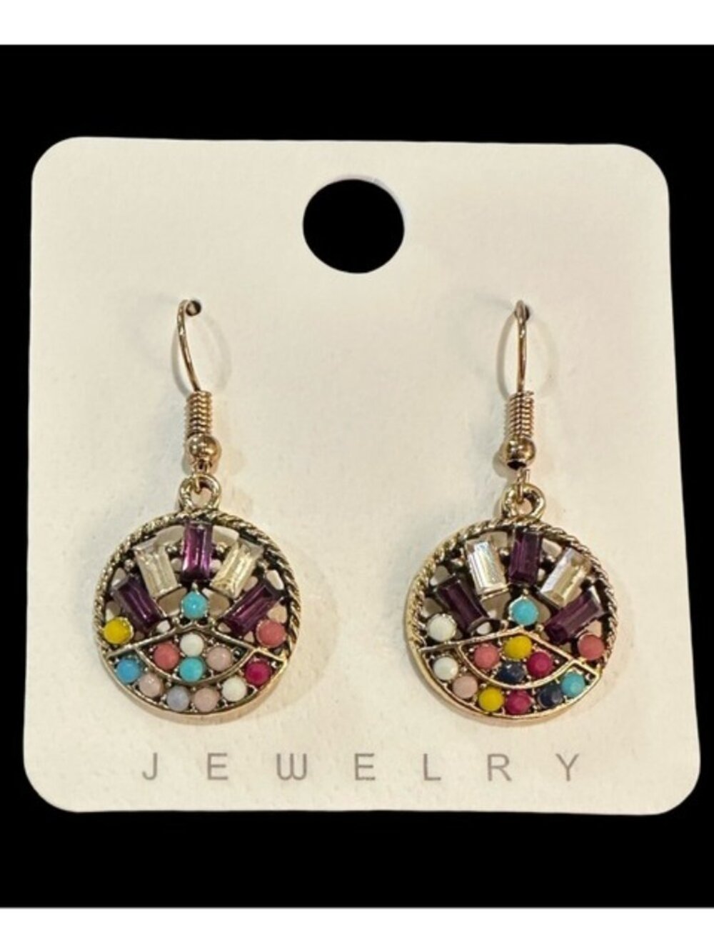 Colorful Gold-Tone Dangle Earrings With Multicolor Gemstones & Round Design